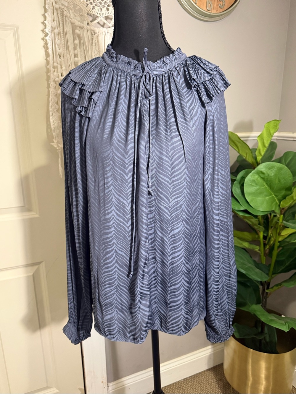 Current Air Slate Blue Ruffle Tie-Neck Long Sleeve Blouse